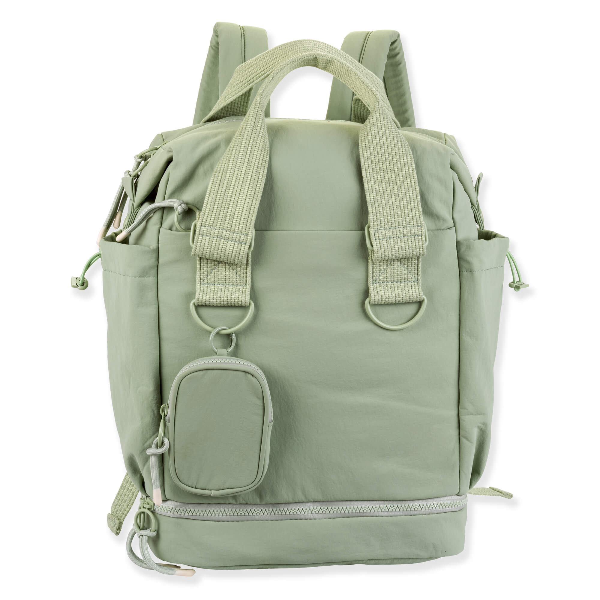 Front view of sage green Sun 'N' Sand Isla Voyager roll-top backpack with matte nylon texture, dual plastic buckles, and zipper.