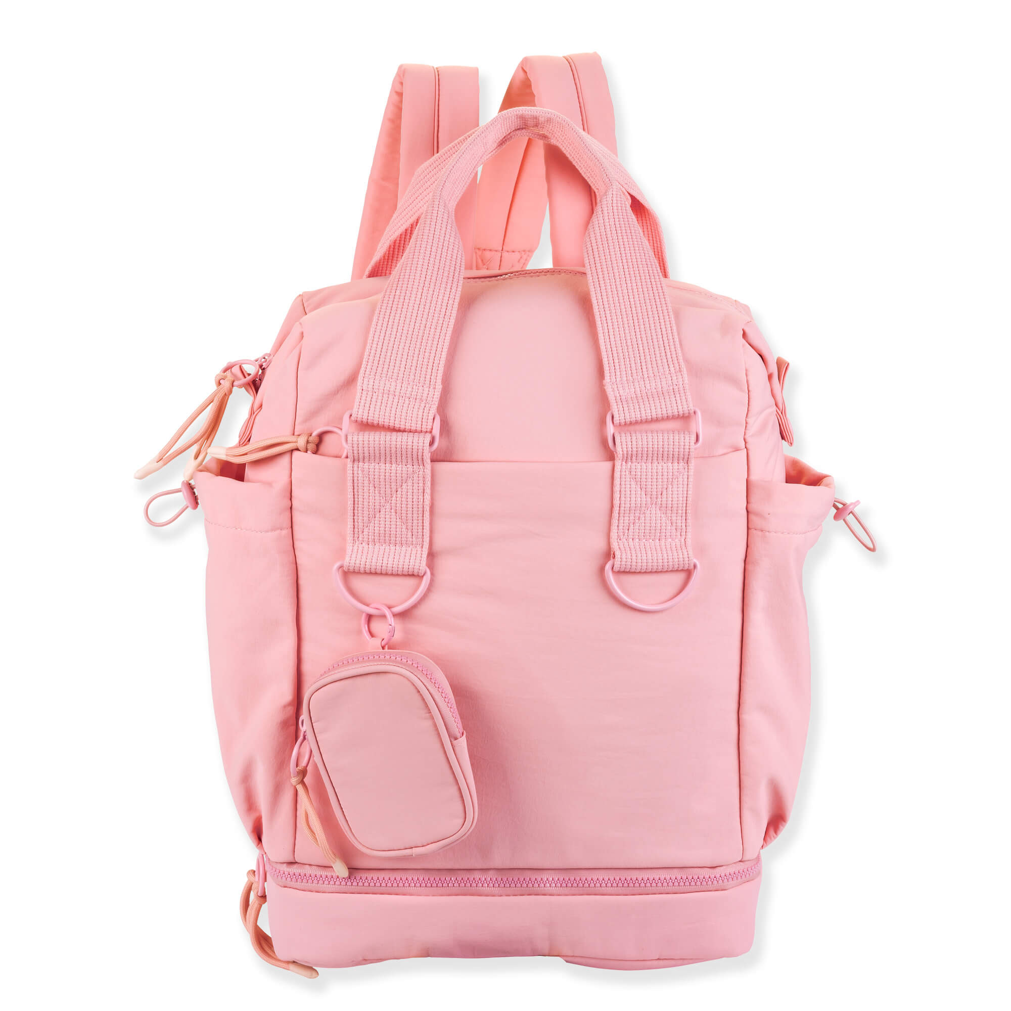 Front view of pink Sun 'N' Sand Isla Voyager roll-top backpack featuring matte nylon texture, dual plastic buckles, and zipper.