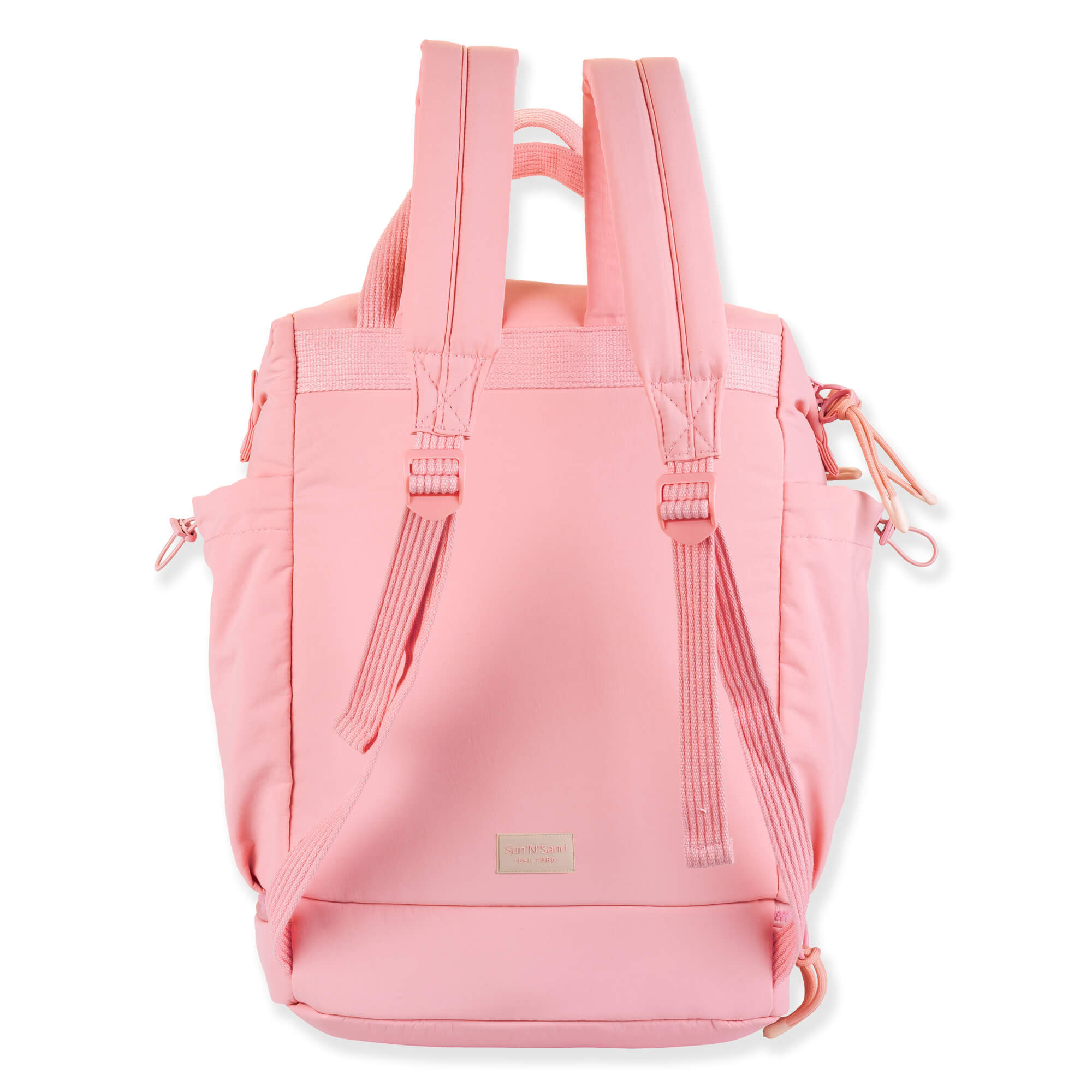 Back view of pink Sun 'N' Sand Isla Voyager roll-top backpack with padded straps, matte nylon texture, and metal logo plate.