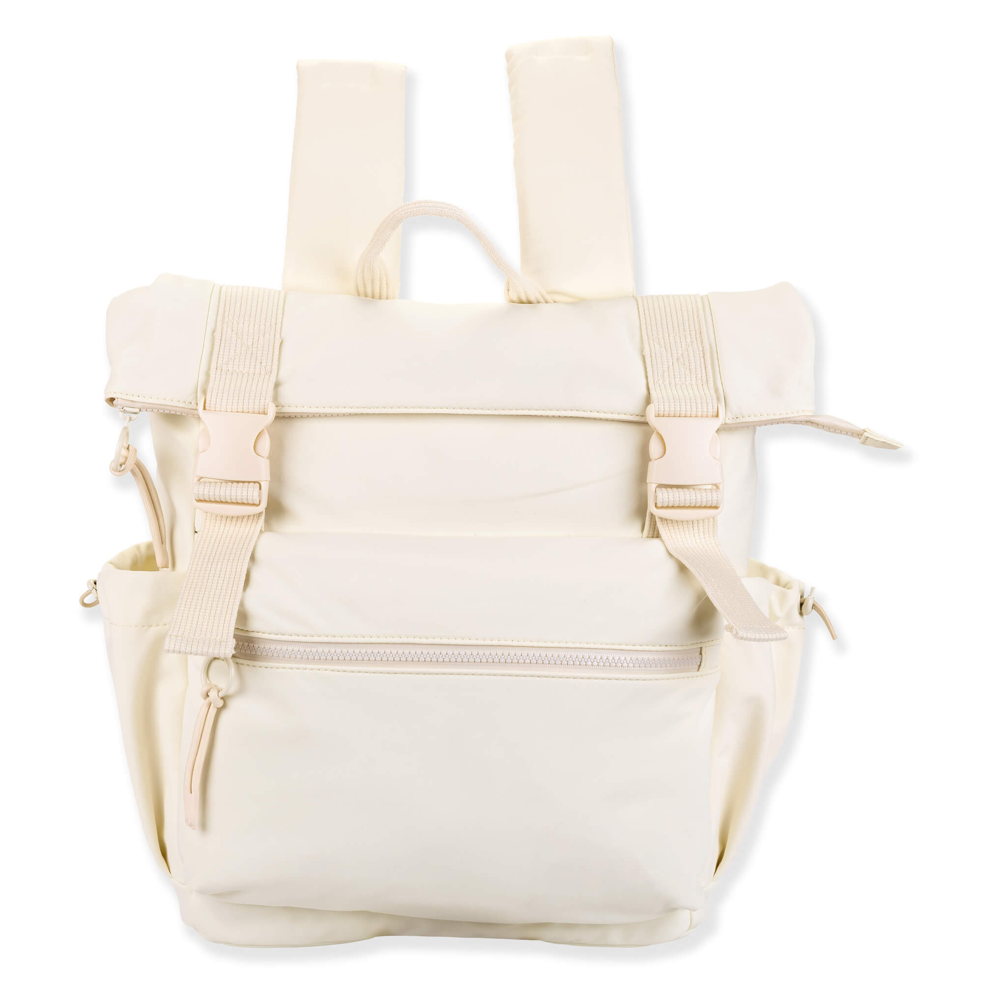 Front view of cream Sun 'N' Sand Isla Voyager roll-top backpack featuring matte nylon texture, dual plastic buckles, and zippered pocket.