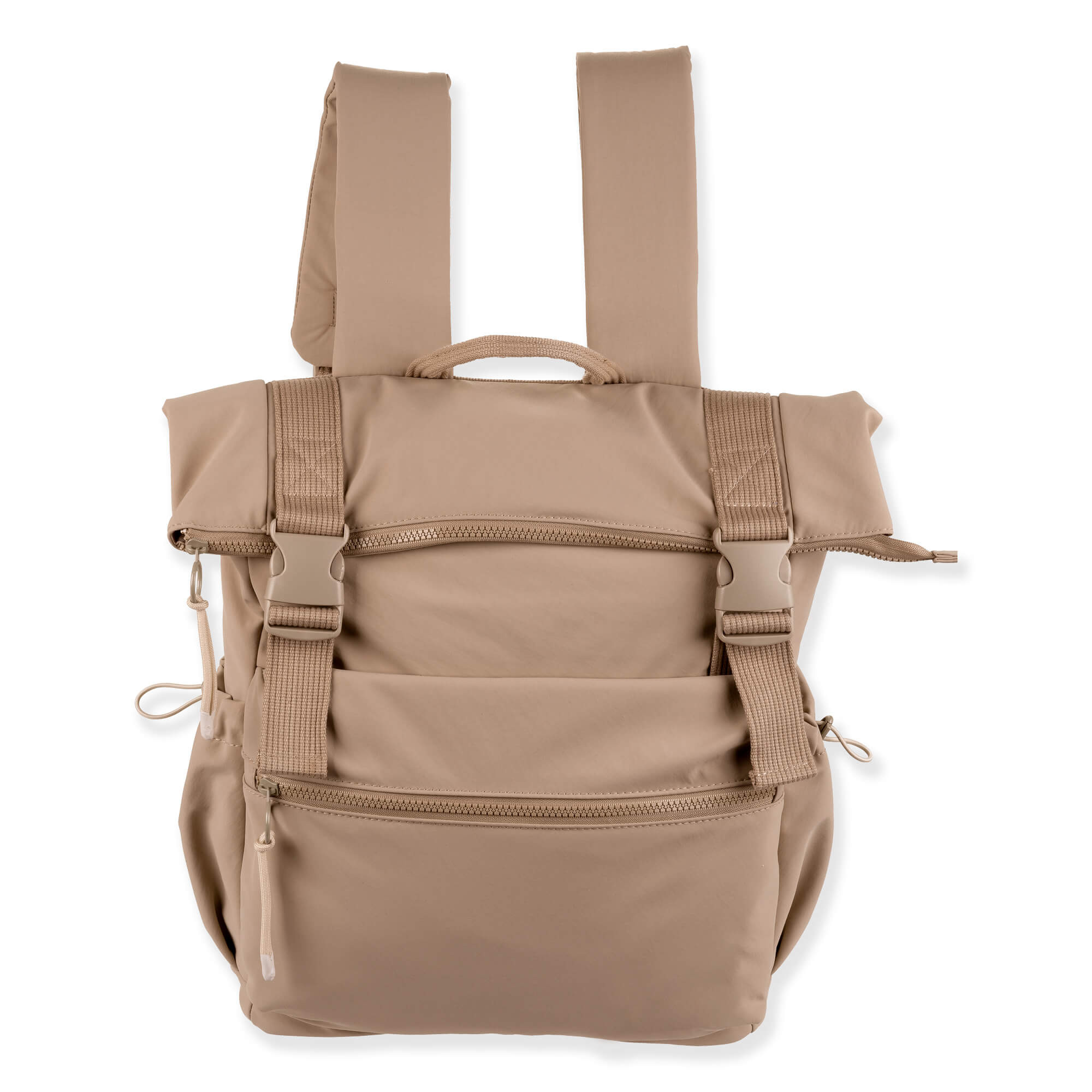 Front view of tan Sun 'N' Sand Isla Voyager roll-top backpack with matte nylon texture, dual plastic buckles, and zippered pocket.