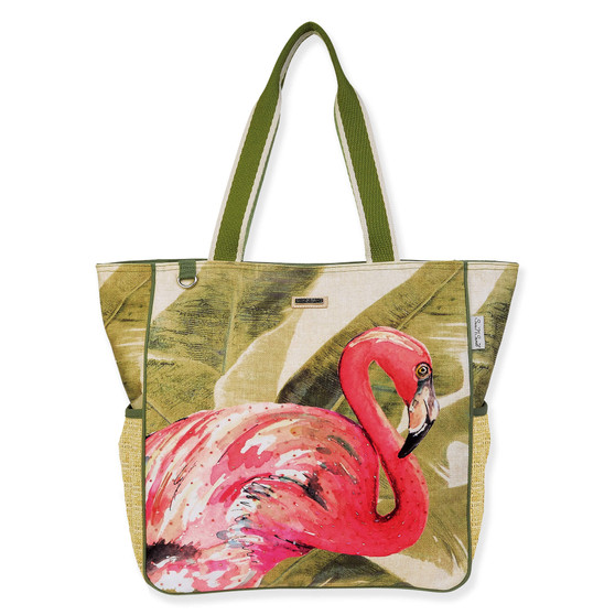 Canvas beach tote bag featuring large pink flamingo artwork, tropical leaf background, textured fabric panels, reinforced green handles, front view shown