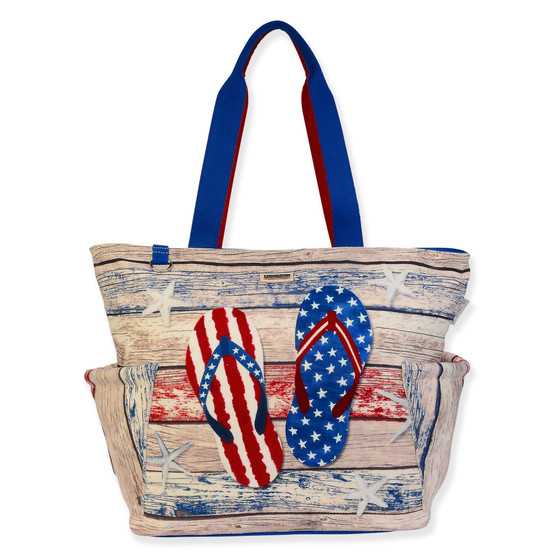 Beach tote bag with printed wooden texture, patriotic flip flop artwork, front pocket compartments, reinforced handles, soft rectangular shape, front view shown