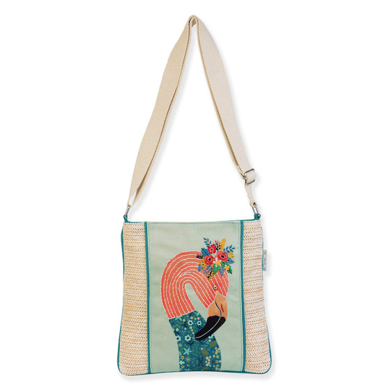 Canvas crossbody bag with embroidered sunset cocktail graphic, texture, zippered pouch, adjustable beige shoulder strap, rectangular shape, front view shown