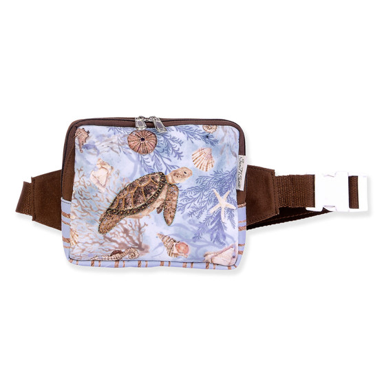 Blue patterned waist bag with illustrated sea turtle, zippered pouch, adjustable brown strap and buckle, rectangular shape, front view shown
