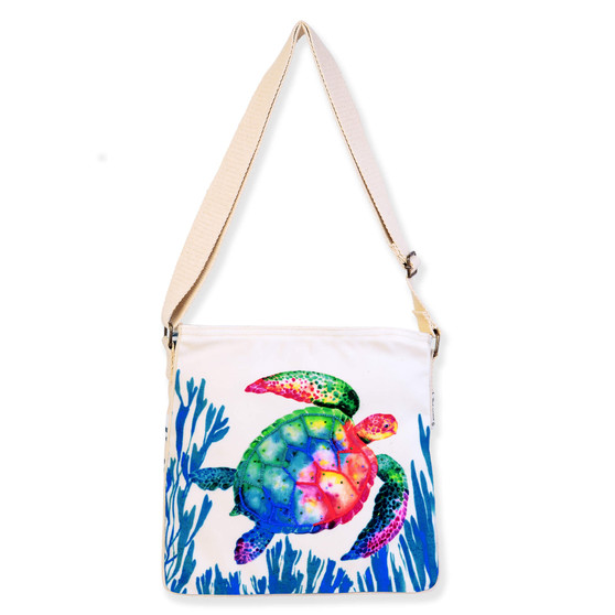crossbody bag with embroidered sea turtle and coral design, zippered pouch, adjustable beige shoulder strap, front view displayed