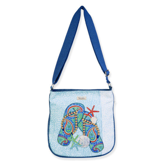 crossbody bag with embroidered flip flop design, zippered pouch, adjustable navy shoulder strap, front view displayed shown