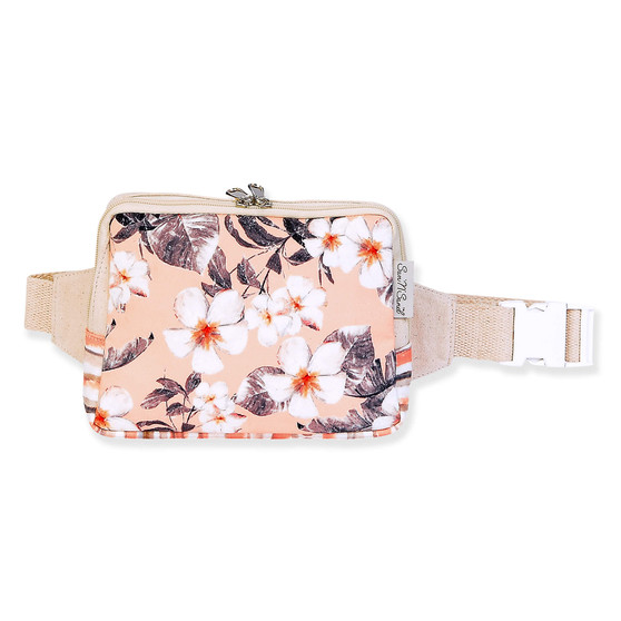 belt bag with floral fabric insert, rectangular pouch shape, silver zipper top closure, adjustable beige webbed waist strap, studio product image, front view.