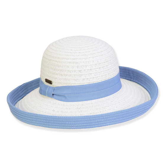 Wide brim woven white straw hat with rounded crown, sky blue fabric band, matching wrapped brim edge, image, front view.