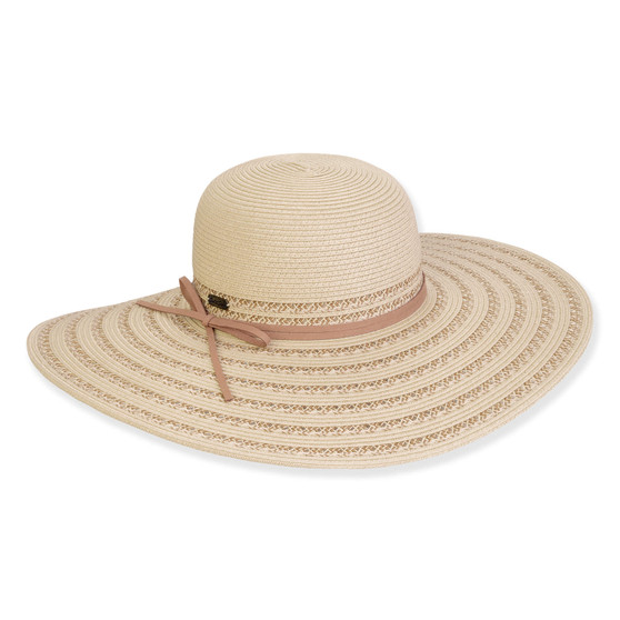 Wide brim woven straw hat with smooth rounded crown, concentric striped brim pattern, braided rope band detail, flat profile, studio product image, front view.