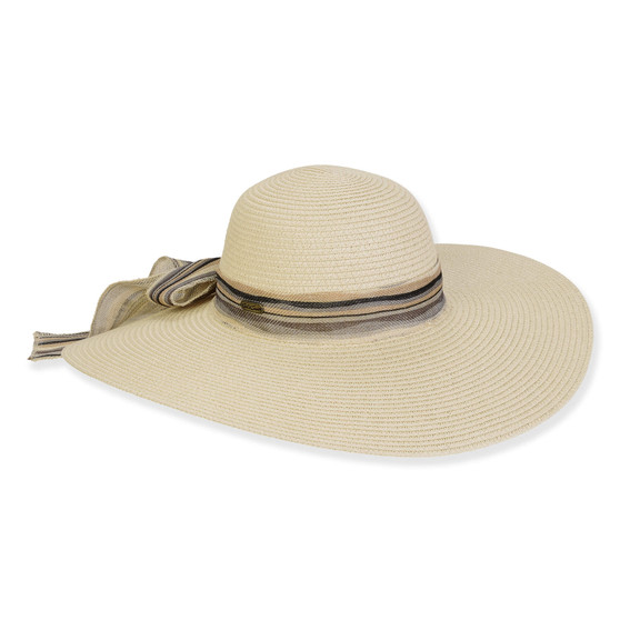 Wide brim woven white straw hat with smooth rounded crown, striped fabric ribbon band, decorative side bow detail, flexible floppy brim, studio product image, angled view.