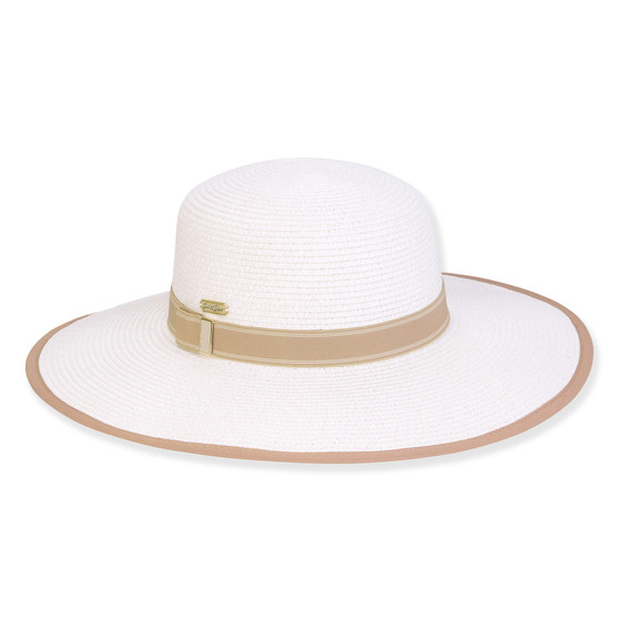Wide brim woven white straw hat with smooth rounded crown, tan fabric band with rectangular buckle hardware, stitched edge brim, studio product image, front view.