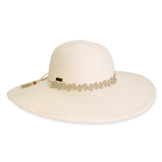 Wide brim woven white straw hat with smooth rounded crown, white floral lace band detail, flat structured brim, studio product image, front view.