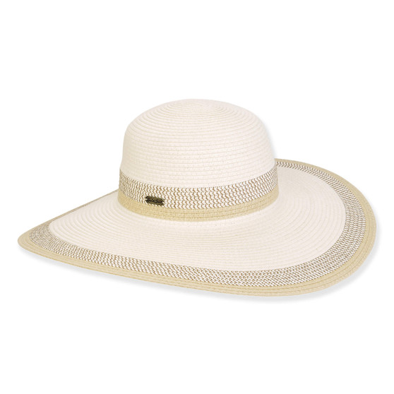 Wide brim woven white straw hat with textured crown, tan contrast woven brim edge, slim fabric band, front view image.