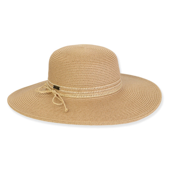 Wide brim woven straw hat with smooth rounded crown, braided rope band with subtle bow tie, flat brim, front view.