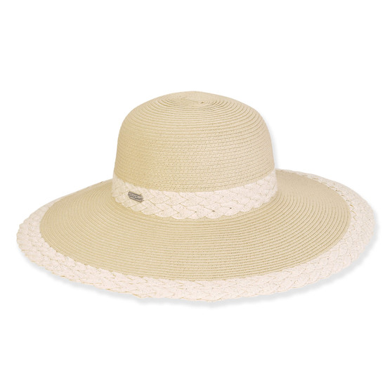 Wide brim woven white straw hat with smooth textured crown, braided trim band, scalloped edge brim, flat profile, front view
