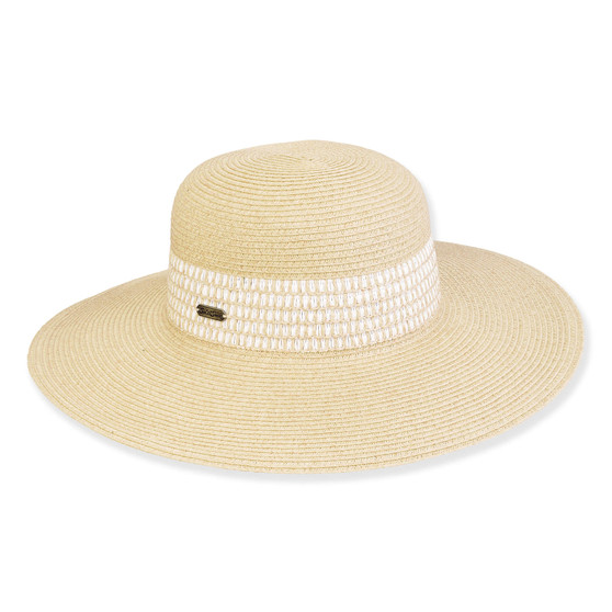 Wide brim woven white straw hat with smooth textured crown, white striped fabric band, flat structured profile, front view, studio.