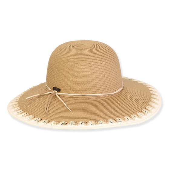 Wide brim woven straw hat with smooth textured crown, contrast fabric band detail, flat structured profile, edge brim, front view.