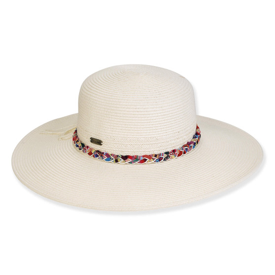 Wide brim woven white straw hat with smooth textured crown, multicolor braided cord band detail, flat top profile, clean edge brim, studio product image, front view.