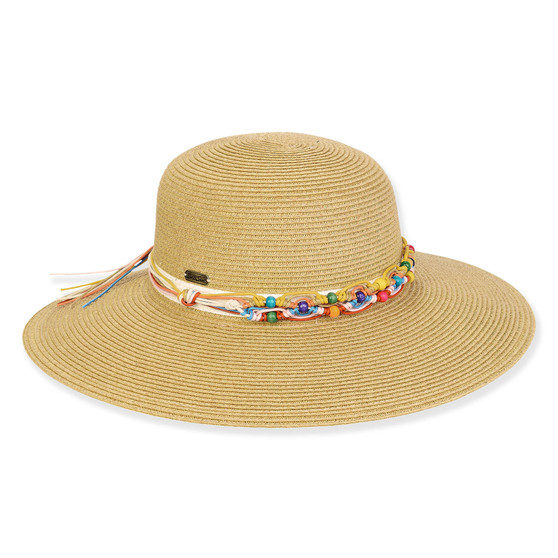 Wide brim woven straw hat with smooth textured crown, multicolor beaded band detail, rounded top shape, studio product image, front view.
