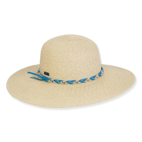 Wide brim woven straw hat with smooth textured crown, blue braided cord band, flat top profile, clean edge finish, studio product image, front view.