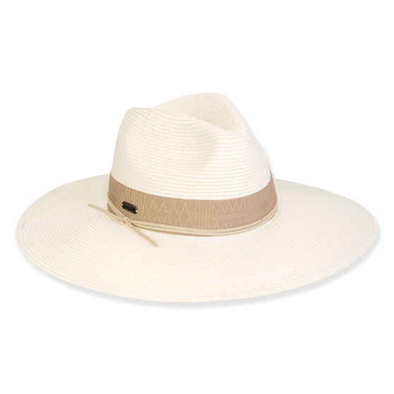 Wide brim woven straw hat with smooth textured crown, tan grosgrain band, small logo tag, studio product photo, side view.