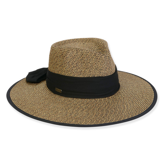 Three-quarter view of a tan woven straw fedora featuring a pinched crown, tonal fabric sash, and cream piped brim edge.