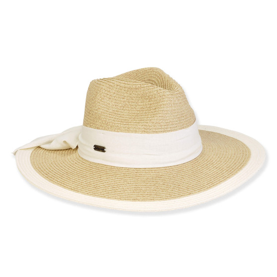 Three-quarter view of a tan woven straw fedora featuring a pinched crown, tonal fabric sash, and cream piped brim edge.