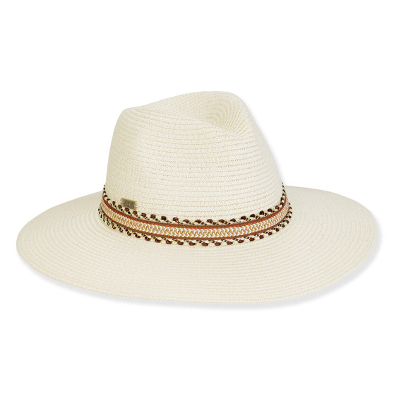 Three-quarter view of a white woven straw fedora featuring a pinched crown and a colorful patterned fabric band.