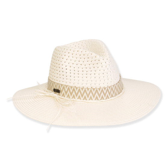 Three-quarter view of a white woven straw fedora featuring a perforated pinched crown and a tan zigzag-patterned fabric band.