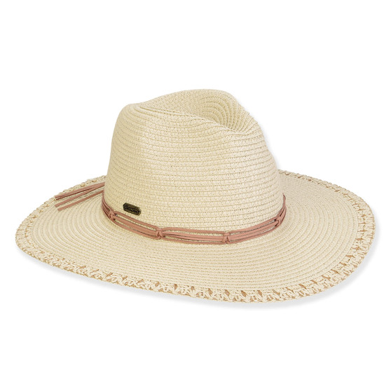 Three-quarter view of a cream woven straw fedora featuring a pinched crown, tan corded band, and matching crocheted brim edge.