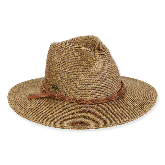 Three-quarter view of a brown woven straw fedora featuring a pinched crown and a brown braided leather band.