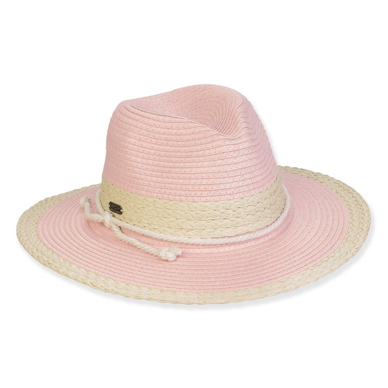 Three-quarter view of a color-block woven straw sun hat featuring a light pink pinched crown and a cream wide brim.