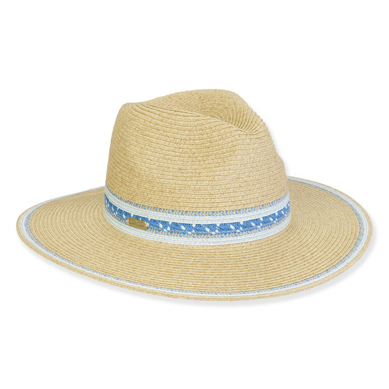 Three-quarter view of a tan woven straw fedora featuring a pinched crown and a blue and white patterned fabric band.