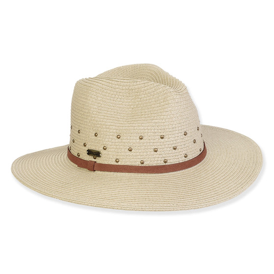 Three-quarter view of a cream woven straw fedora featuring a pinched crown, gold studs, and a brown leather band.