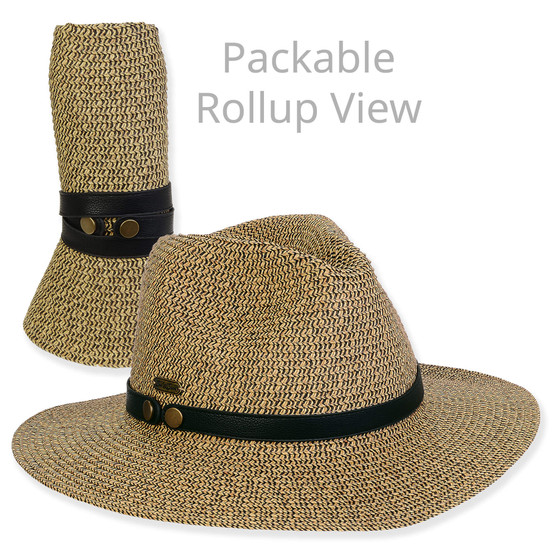 Three-quarter and rolled-up views of a tan marled woven straw fedora with a black studded leather band.