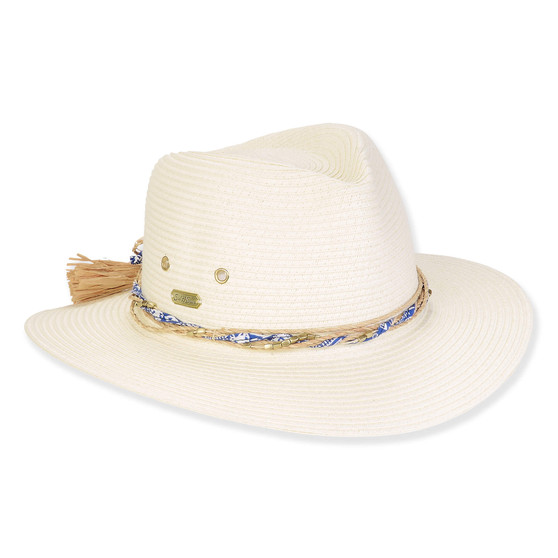 Three-quarter view of a white woven straw fedora featuring a pinched crown and a blue patterned cord band.