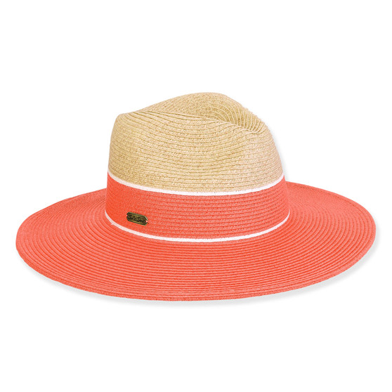Three-quarter view of a color-block woven straw sun hat featuring a tan pinched crown and a coral wide brim.
