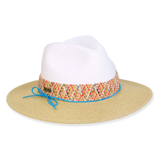 Three-quarter view of a color-block woven straw sun hat featuring a white pinched crown, tan brim, and colorful patterned band with blue trim.