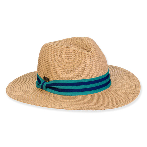 Three-quarter view of a tan woven straw sun hat featuring a pinched crown and a teal striped ribbon bow band.