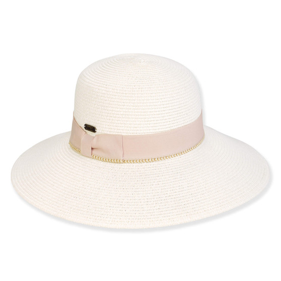 Three-quarter view of a white woven straw sun hat featuring a rounded crown and a light pink ribbon band.
