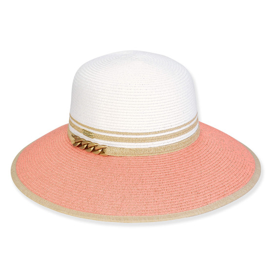 Three-quarter view of a white woven straw sun hat featuring a rounded crown and a pink chain decorative band.