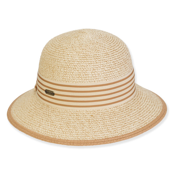 Three-quarter view of a cream woven straw sun hat featuring a rounded crown and a tan striped decorative band.