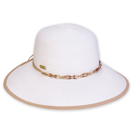 Three-quarter view of a white woven straw sun hat featuring a wide brim and a leopard-print decorative band.