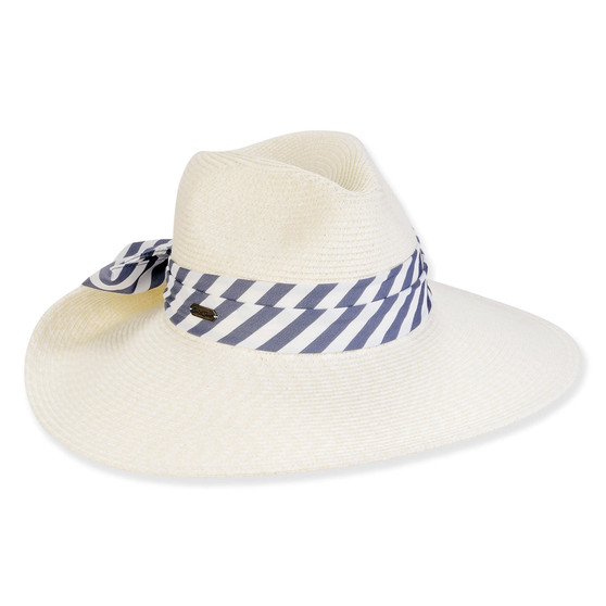 Three-quarter view of a white woven straw sun hat featuring a wide brim and a navy and white striped band.