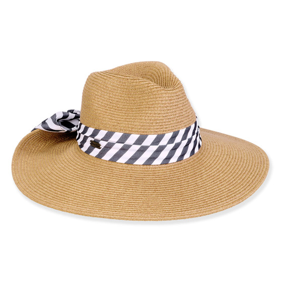 Three-quarter view of a tan woven straw sun hat featuring a wide brim and a navy and white striped band.