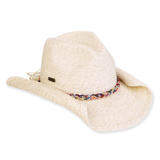 Three-quarter view of a cream paper straw cowboy hat featuring a soft curved brim and a multi-colored braided band.