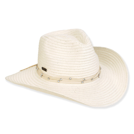 Three-quarter view of a white woven straw cowboy hat featuring a curved brim and a rhinestone-embellished cream band.