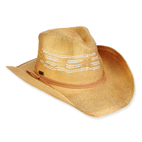 Three-quarter view of a tan woven straw cowboy hat featuring a ventilated crown, curved brim, and thin leather band.