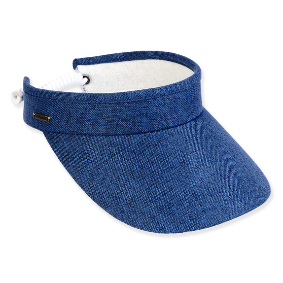 Three-quarter view of a navy blue linen-textured sun visor featuring a wide brim and white coiled elastic back strap.